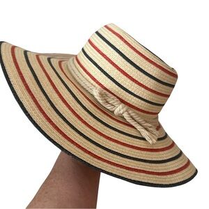 Chaps Straw Wide Brim Sun Hat Multicolor Stripes with Bow Detail OS